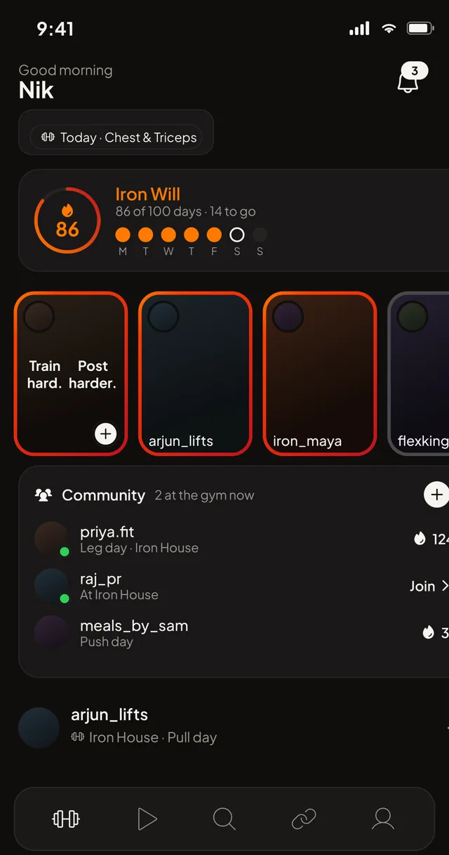 Doptyn home feed — streak ring, stories and your gym community