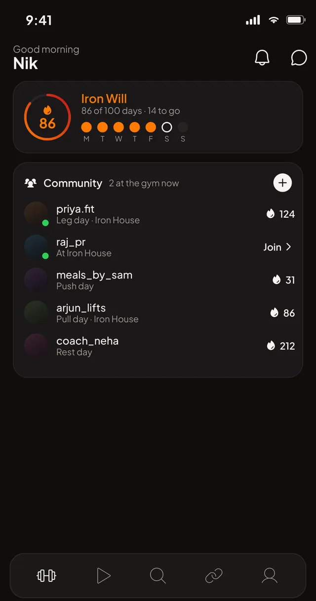 Doptyn community screen — see who's at the gym right now