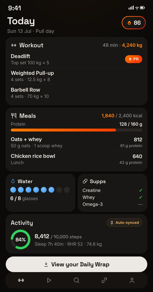 Doptyn tracker — today's pull workout with a PR on deadlift, meals with protein tracking, water, supplements and auto-synced activity